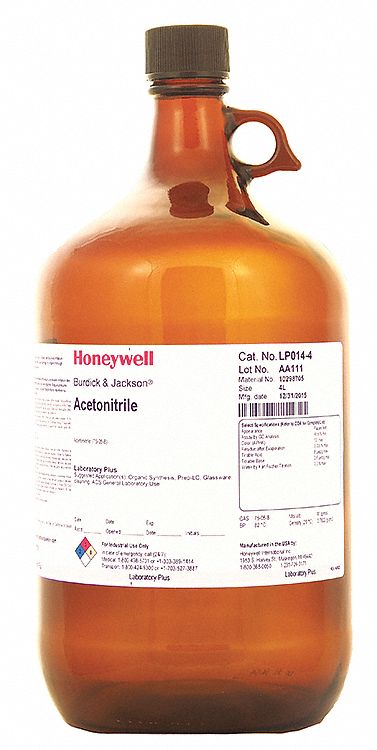 Acetonitrile: ACS, 4 L, 75-05-8, 0.1% Concentration, Solvent, Liquid, Bottle, Glass, 4