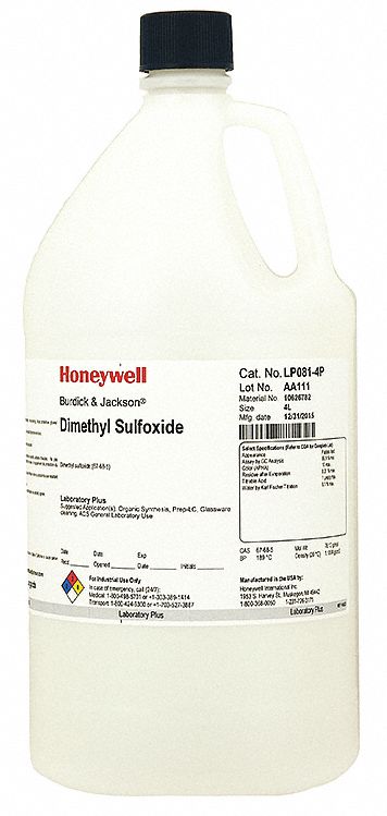 Dimethyl Sulfoxide: ACS, 4 L, 67-68-5, 0.1% Concentration, Solvent, Liquid, Bottle, Glass, 4