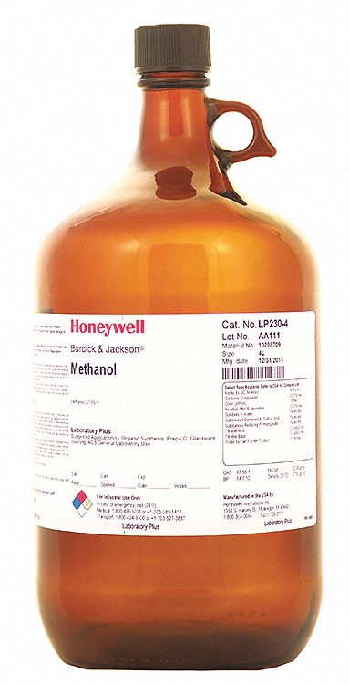 Methanol: ACS, 4 L, 67-56-1, 0.998, Solvent, Liquid, Bottle, Glass, 18 mo Shelf Life, 4