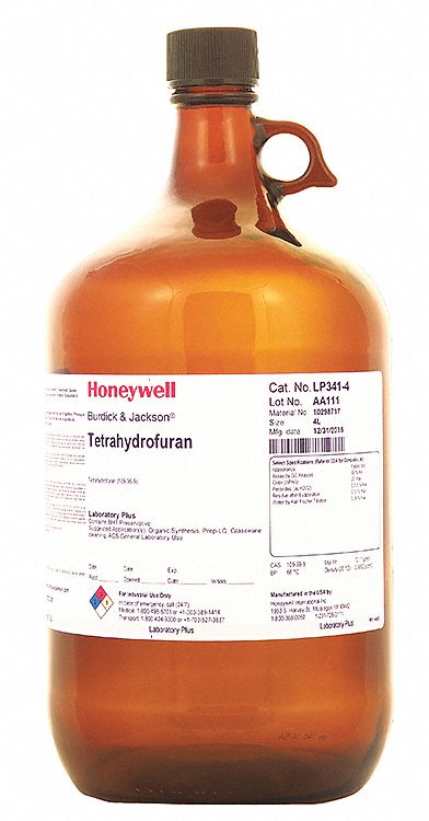 Tetrahydrofuran - Stabilized with BHT: ACS, 4 L, 109-99-9, 0.1% Concentration, Solvent, Liquid, 4