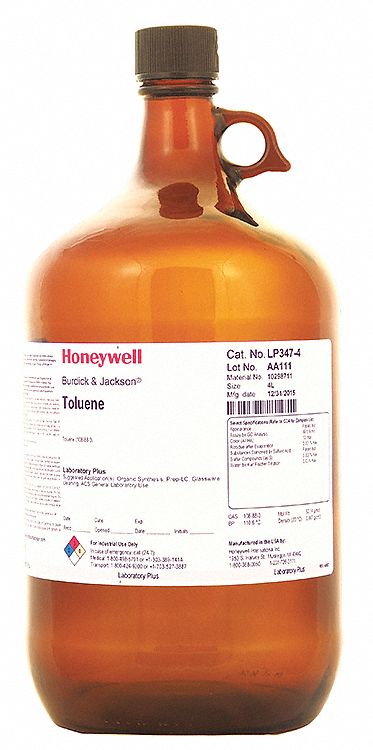 Toluene: ACS, 4 L, 108-88-3, 100% Concentration, Solvent, Liquid, Bottle, Glass, 18 mo Shelf Life, 4