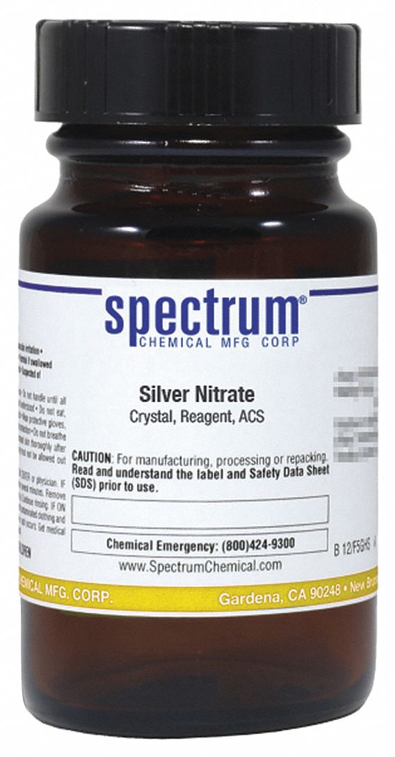 Silver Nitrate: ACS, 100 g, 7761-88-8, Inorganic, Powder, Bottle, Amber Glass, 24 mo Shelf Life, 1
