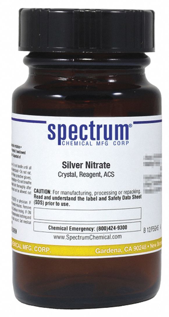 Silver Nitrate: ACS, 125 g, 7761-88-8, Inorganic, Powder, Bottle, Amber Glass, 24 mo Shelf Life, 1