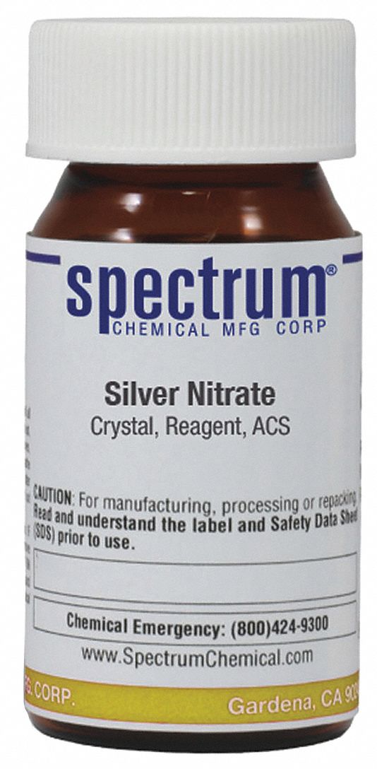 Silver Nitrate: ACS, 25 g, 7761-88-8, Inorganic, Powder, Bottle, Amber Glass, 24 mo Shelf Life, 1