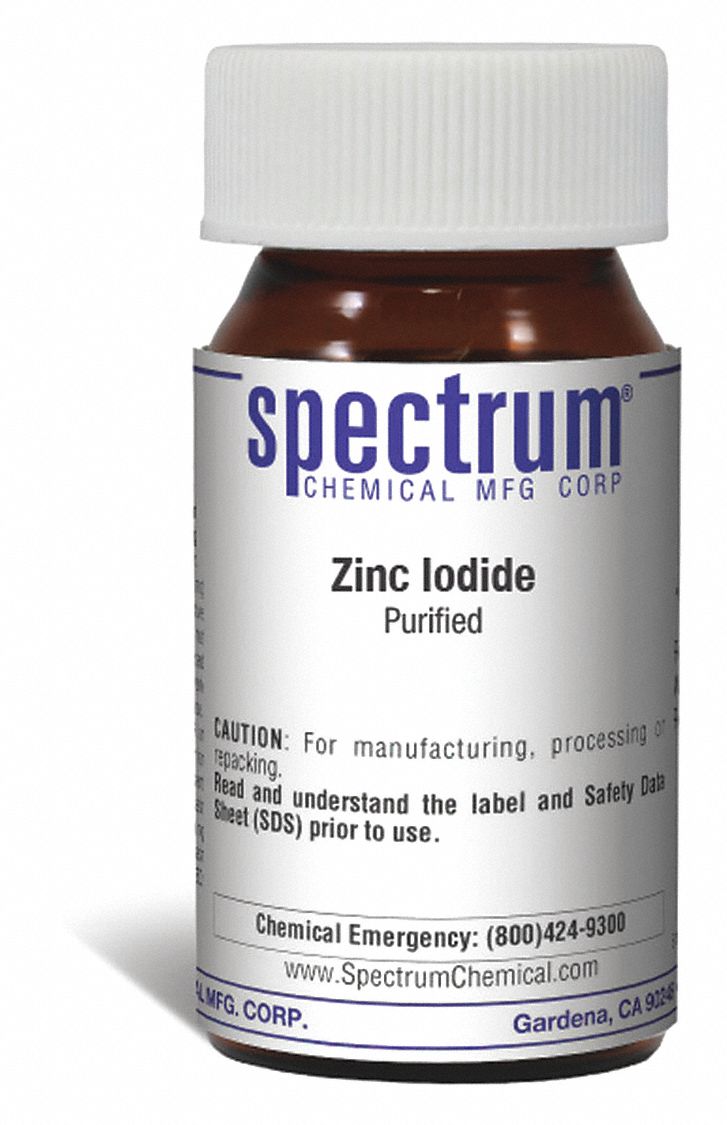 Zinc Iodide, Purified: 10139-47-6, F.W. 319.22, ZnI2, Amber Glass, Bottle,  Purified