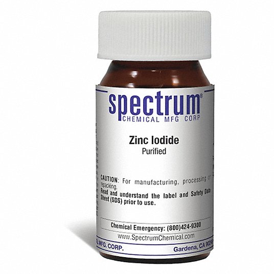Zinc Iodide, Purified: 10139-47-6, F.W. 319.22, ZnI2, Amber Glass, Bottle, Purified Zinc Iodide, Purified: 10139-47-6, F.W. 319.22, ZnI2, Amber Glass, Bottle, Purified