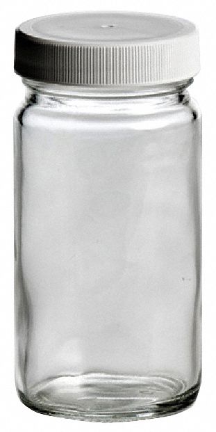 Jar: Glass, 120 mL Capacity - mL, 4 fl oz Capacity - oz, Closure Included, 60 mm Body Dia, Sampling