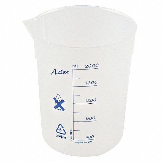 Low Form Beaker: Polypropylene, 67.6 oz Labware Capacity - English, Reusable