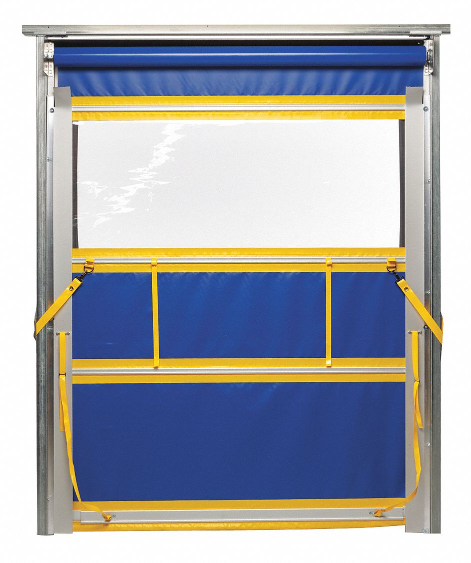 Curtain Door: Coated PVC, 10 ft x 10 ft, Spring Assist Roll Up, Blue/Yellow, Under Header Mount