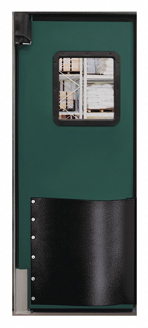 Swinging Door: Polyethylene, 1 Doors, Green, 2 1/2 ft Door Wd, 7 ft Door Ht, Window Included