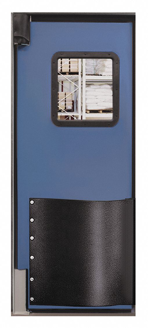 Swinging Door: Polyethylene, 1 Doors, Blue, 2 1/2 ft Door Wd, 7 ft Door Ht, Window Included