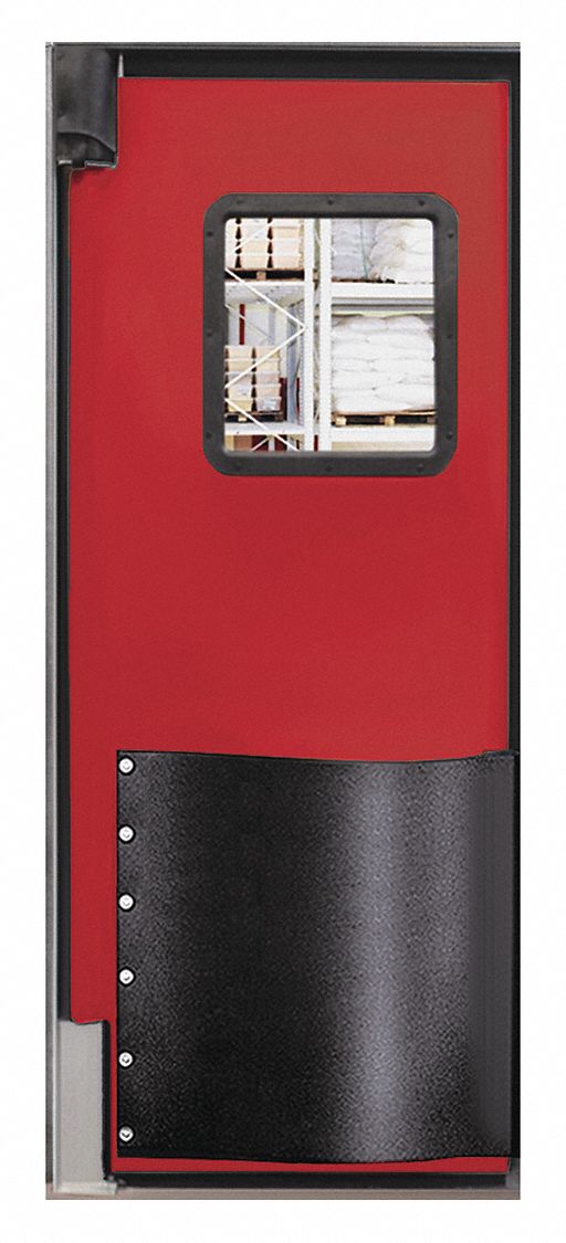 Swinging Door: Polyethylene, 1 Doors, Red, 2 1/2 ft Door Wd, 7 ft Door Ht, Window Included, Textured