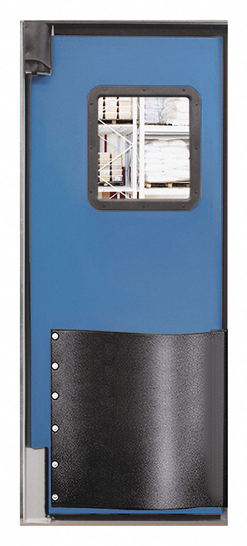 Swinging Door: Polyethylene, 1 Doors, Blue, 2 1/2 ft Door Wd, 7 ft Door Ht, Window Included