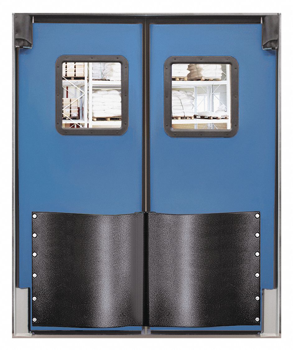 Swinging Door: Polyethylene, 2 Doors, Blue, 6 ft Door Wd, 8 ft Door Ht, Window Included, 1 PR