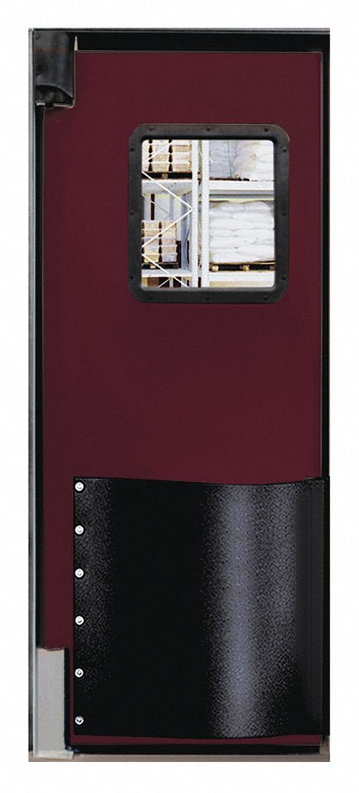 Swinging Door: Polyethylene, 1 Doors, Red, 2 1/2 ft Door Wd, 7 ft Door Ht, Window Included, Textured