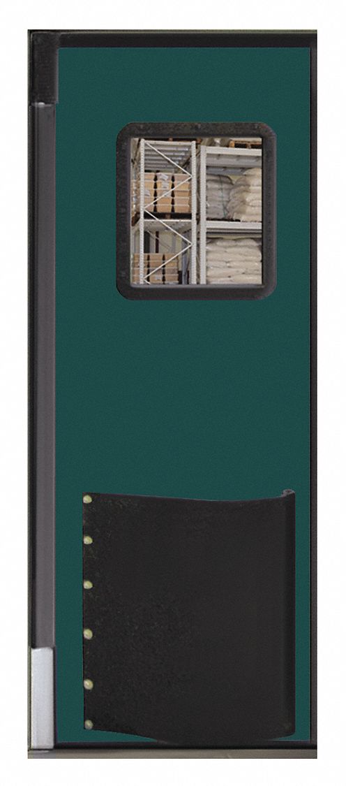 Swinging Door: Polyethylene, 1 Doors, Green, 2 1/2 ft Door Wd, 7 ft Door Ht, Window Included