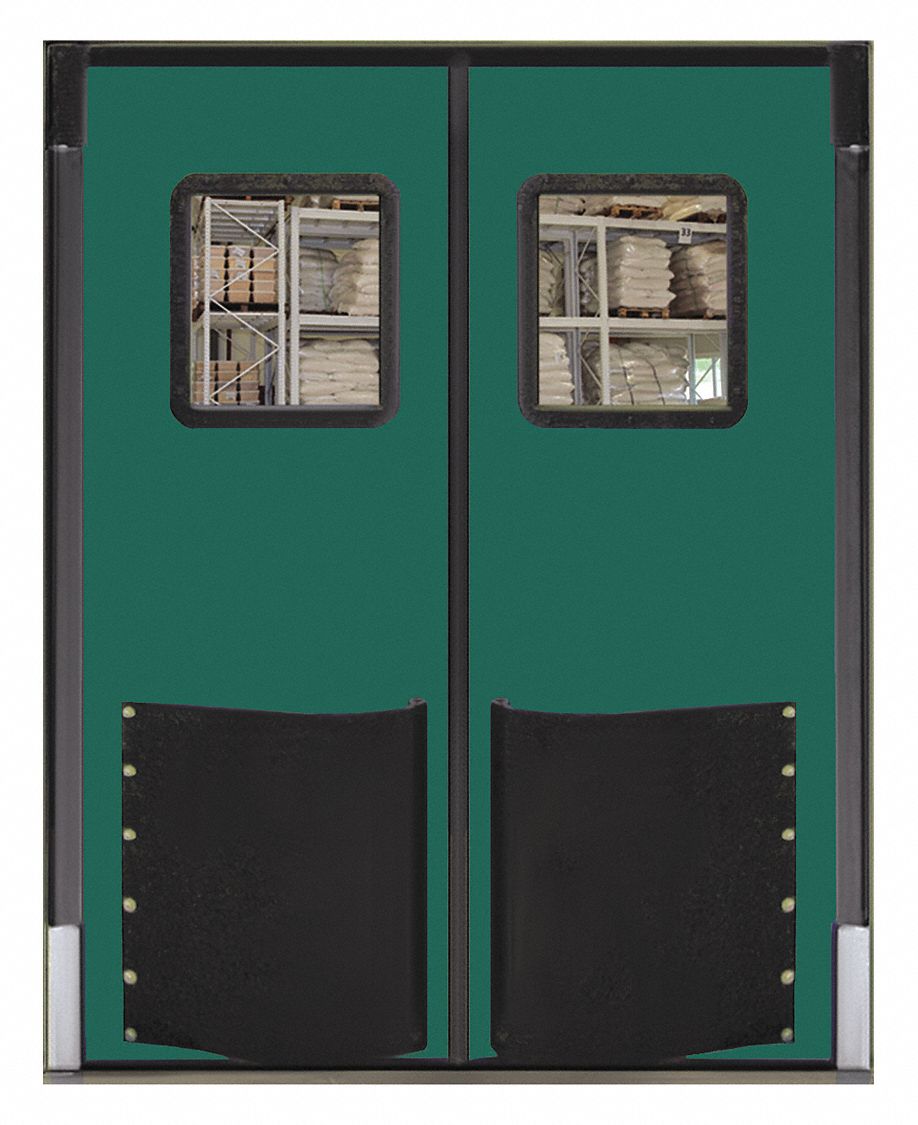 Swinging Door: Polyethylene, 2 Doors, Green, 5 ft Door Wd, 7 ft Door Ht, Window Included, 1 PR