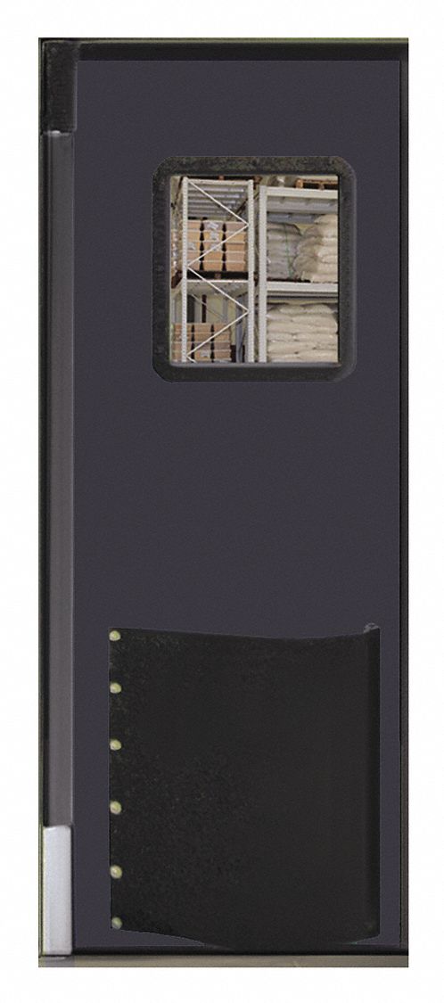 Swinging Door: Polyethylene, 1 Doors, Gray, 2 1/2 ft Door Wd, 7 ft Door Ht, Window Included