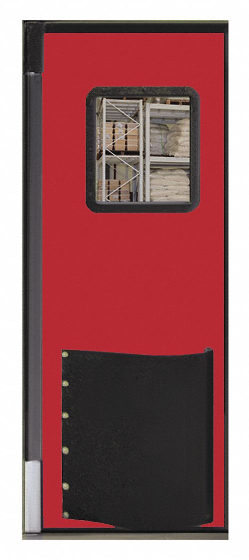 Swinging Door: Polyethylene, 1 Doors, Red, 2 1/2 ft Door Wd, 7 ft Door Ht, Window Included, Textured