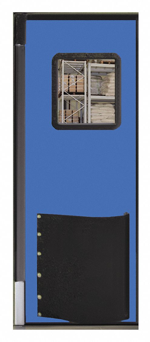 Swinging Door: Polyethylene, 1 Doors, Blue, 2 1/2 ft Door Wd, 7 ft Door Ht, Window Included