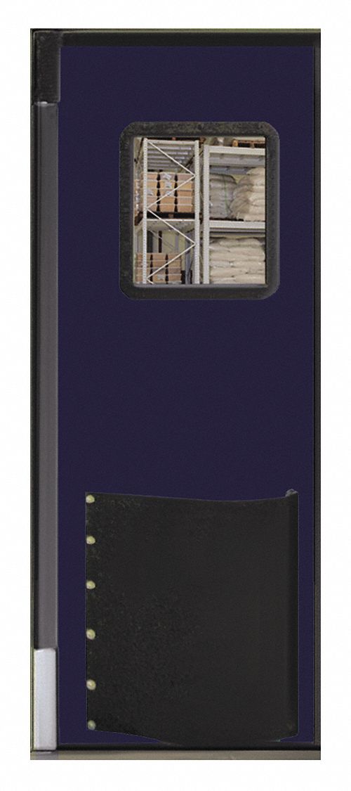 Swinging Door: Polyethylene, 1 Doors, Blue, 2 1/2 ft Door Wd, 7 ft Door Ht, Window Included