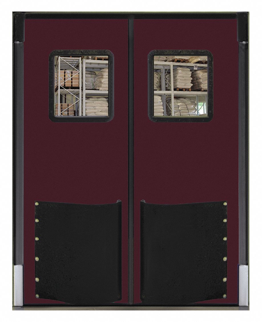 Swinging Door: Polyethylene, 2 Doors, Red, 5 ft Door Wd, 7 ft Door Ht, Window Included, 1 PR