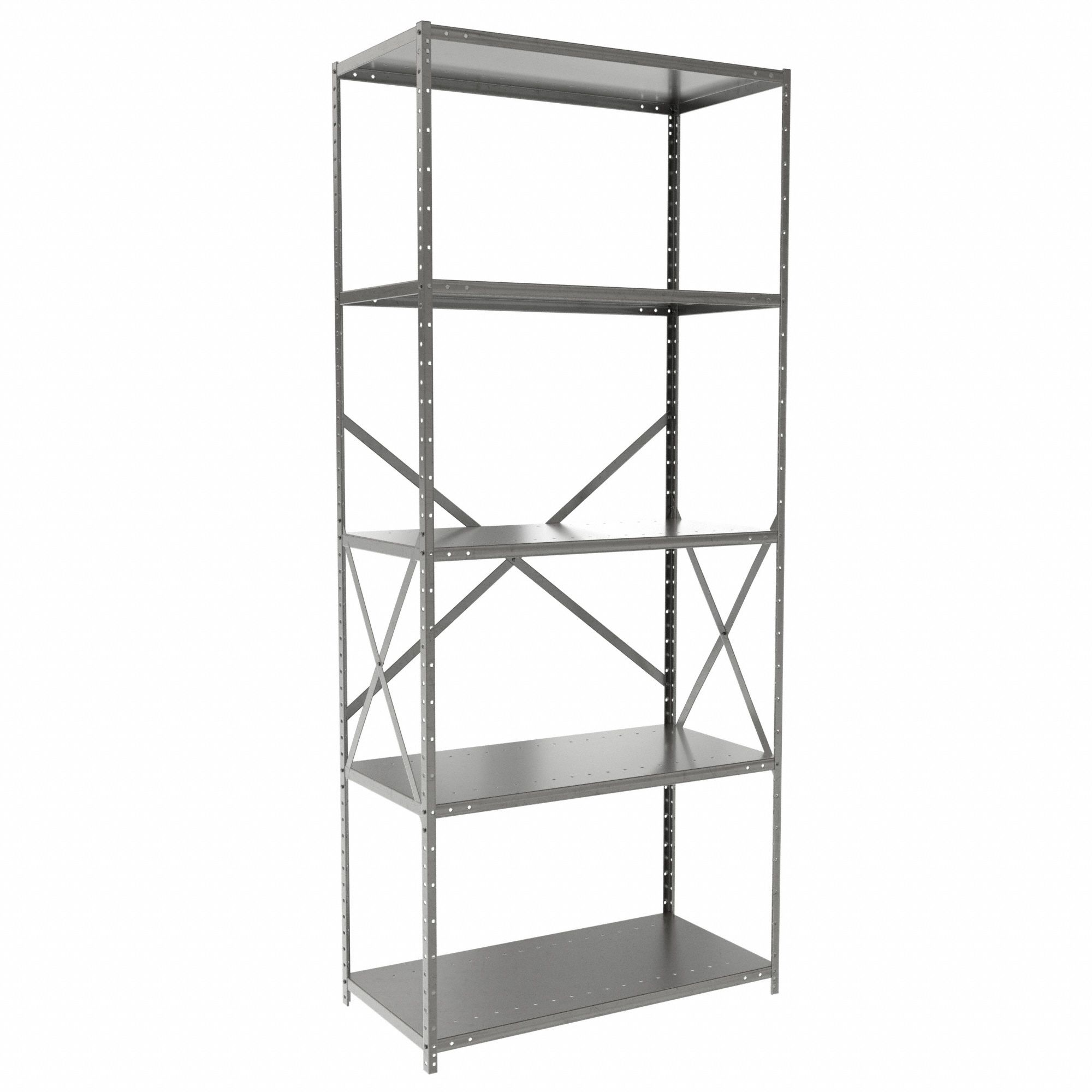 Metal Shelving: Standalone, Medium-Duty, 36 in x 18 in, 84 in Overall Ht, 5 Shelves
