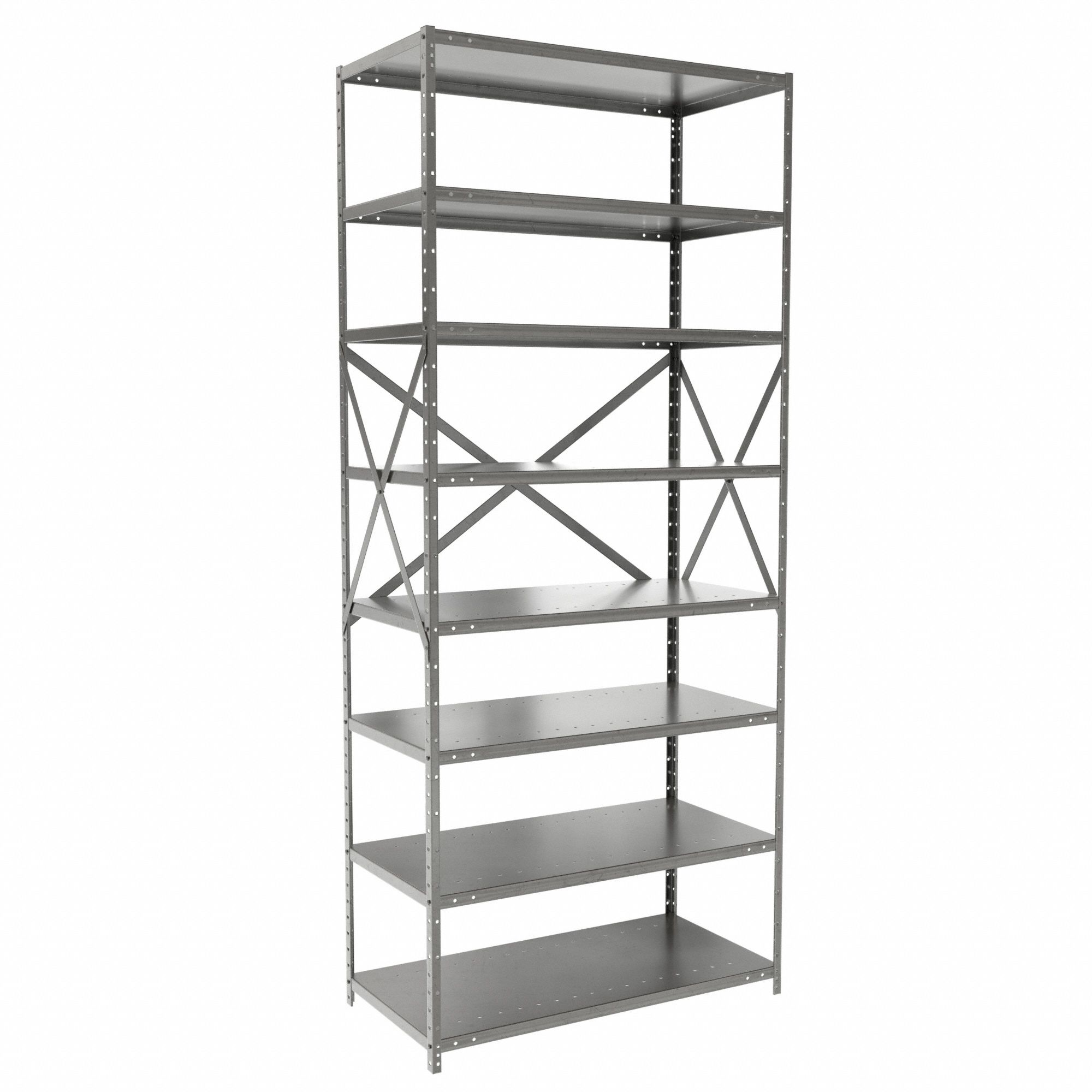 Metal Shelving: Standalone, Medium-Duty, 36 in x 18 in, 84 in Overall Ht, 8 Shelves