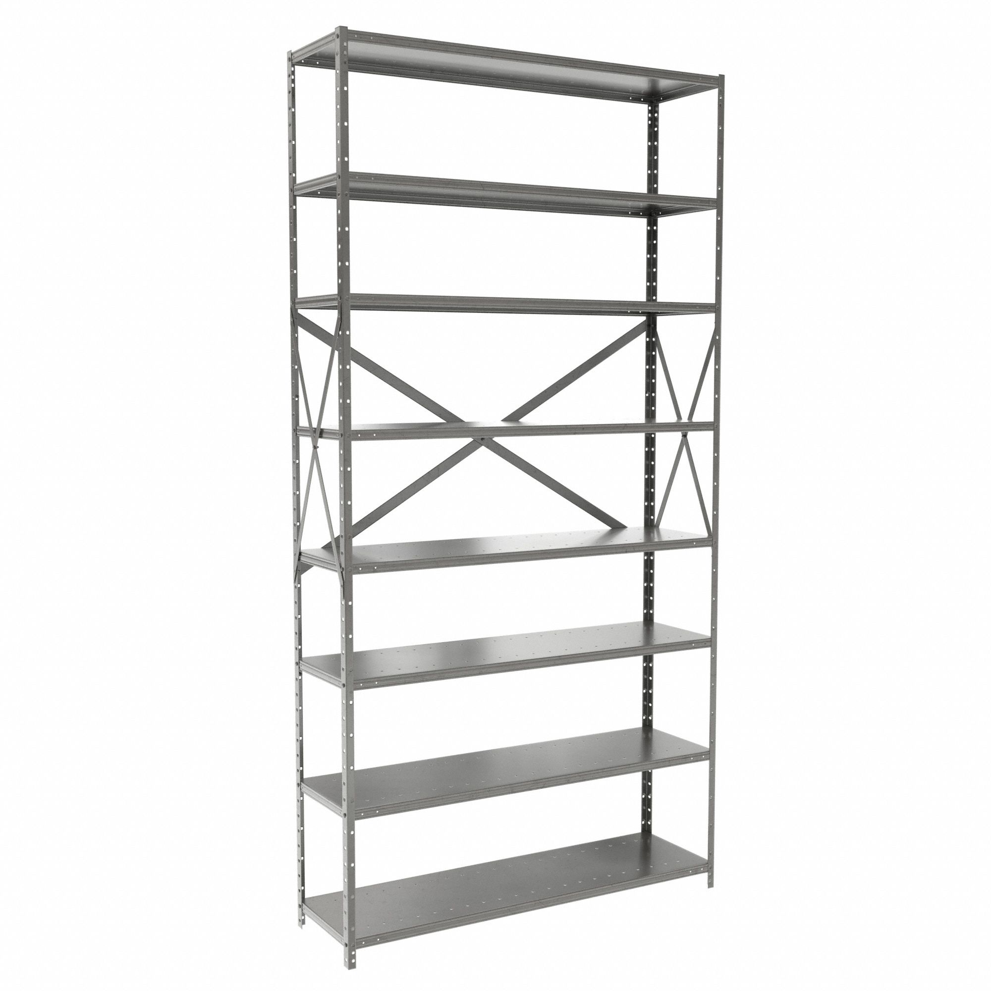Metal Shelving: Standalone, Medium-Duty, 48 in x 12 in, 84 in Overall Ht, 8 Shelves