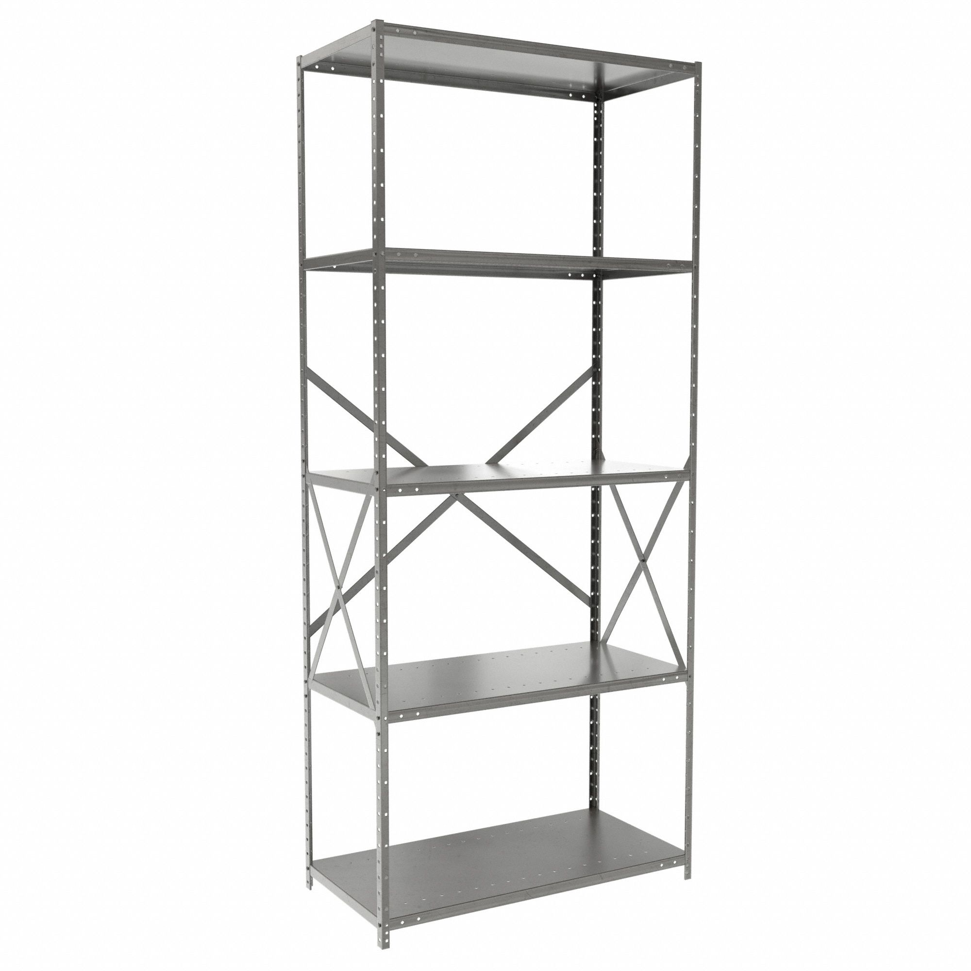 Metal Shelving: Standalone, Medium-Duty, 36 in x 18 in, 84 in Overall Ht, 5 Shelves