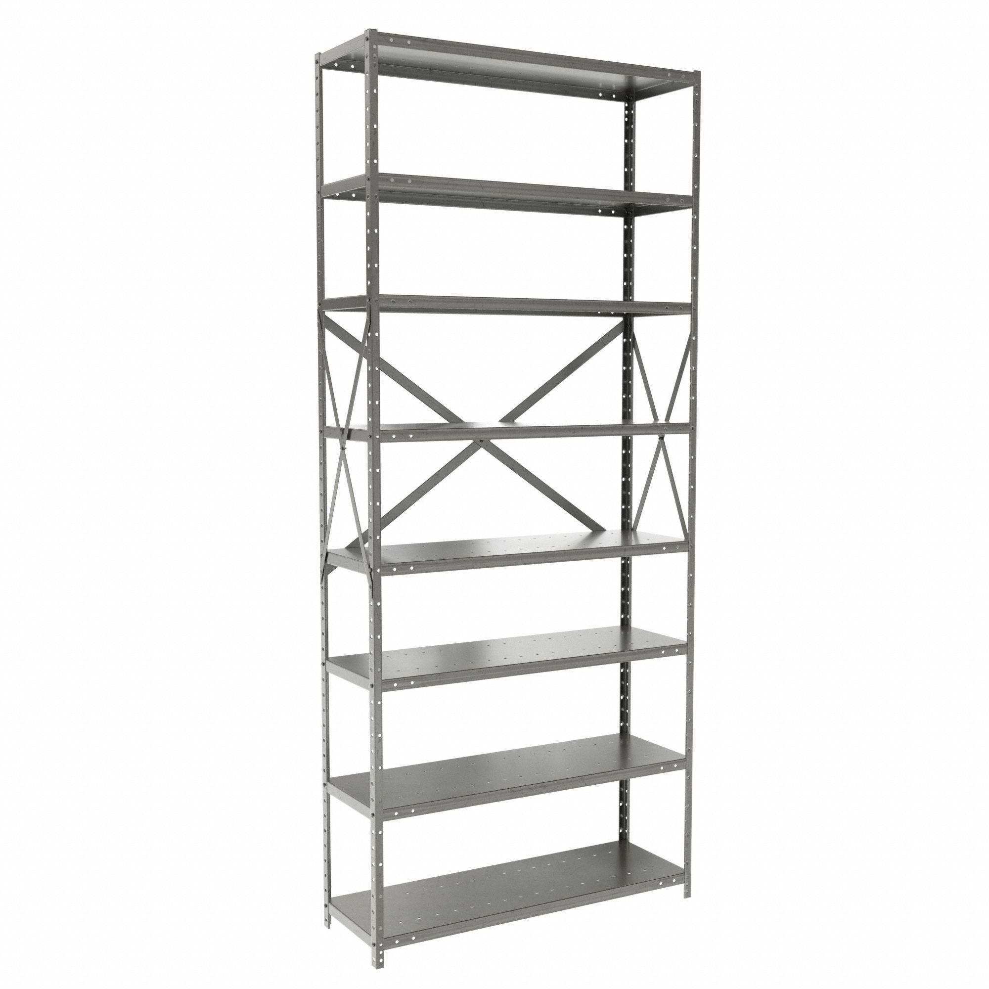 Metal Shelving: Standalone, Medium-Duty, 36 in x 12 in, 84 in Overall Ht, 8 Shelves
