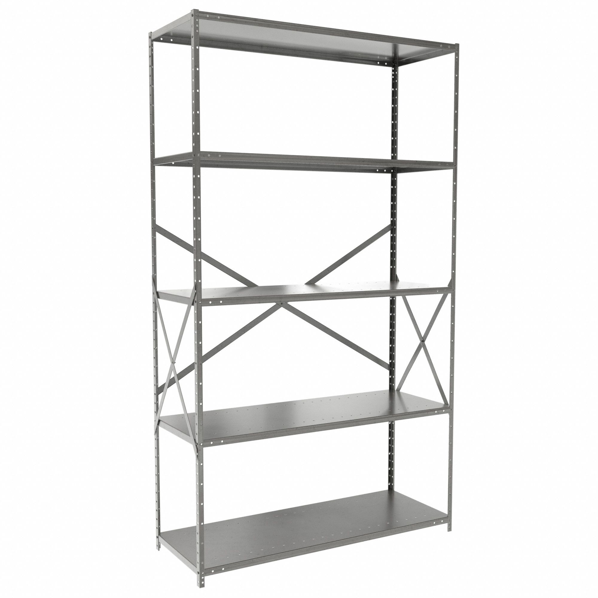 Metal Shelving: Standalone, Heavy-Duty, 48 in x 18 in, 84 in Overall Ht, 5 Shelves