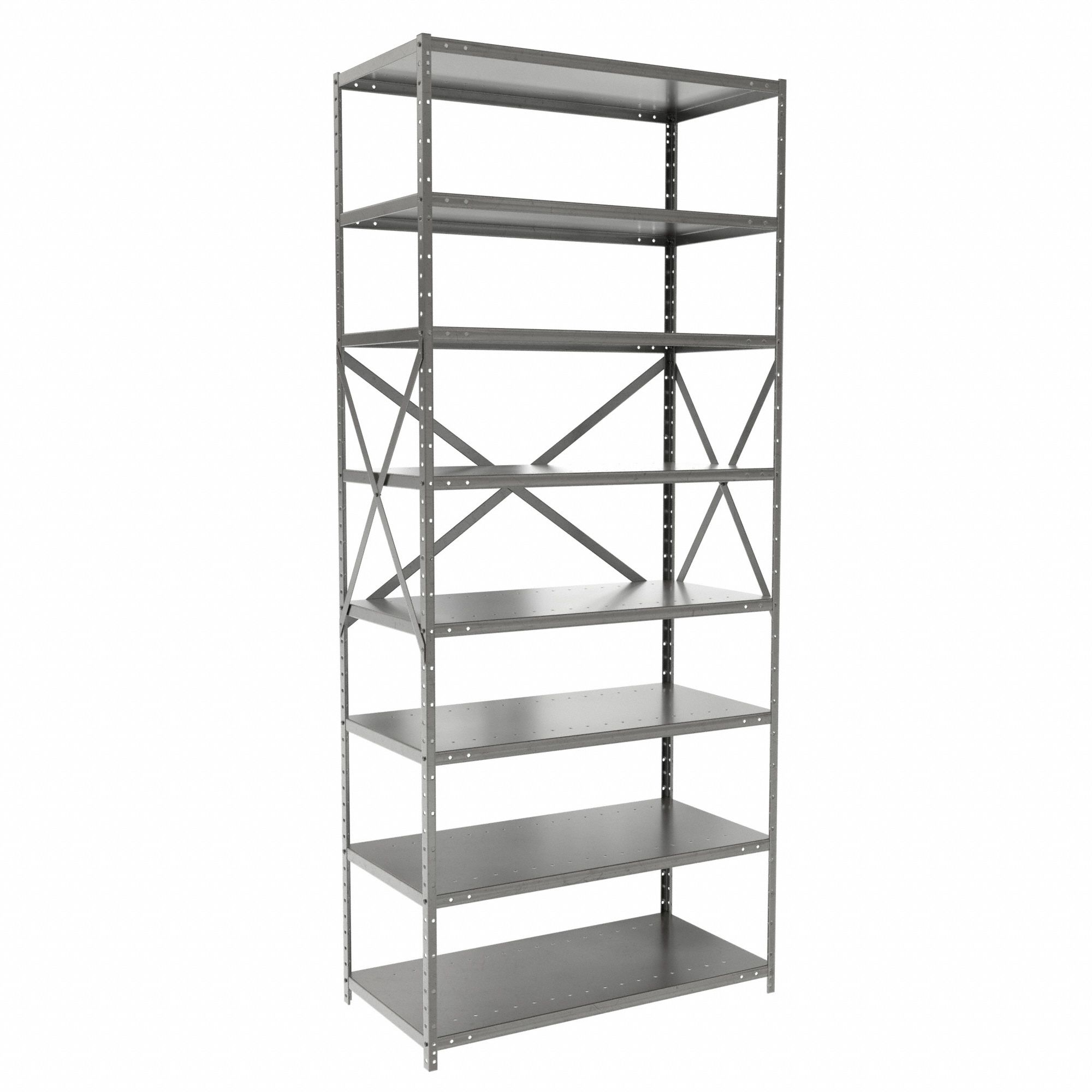 Metal Shelving: Standalone, Heavy-Duty, 36 in x 18 in, 84 in Overall Ht, 8 Shelves
