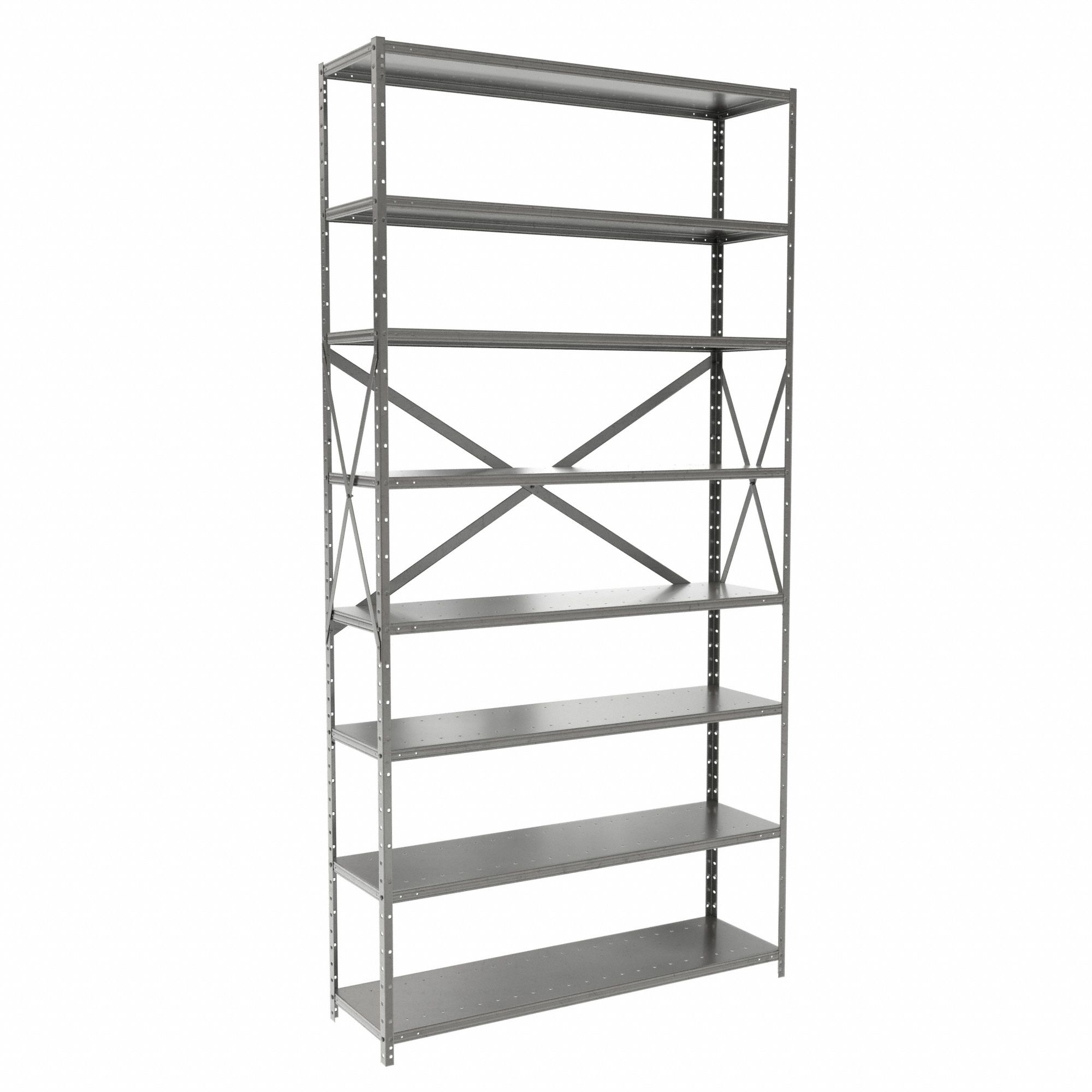 Metal Shelving: Standalone, Heavy-Duty, 48 in x 12 in, 84 in Overall Ht, 8 Shelves