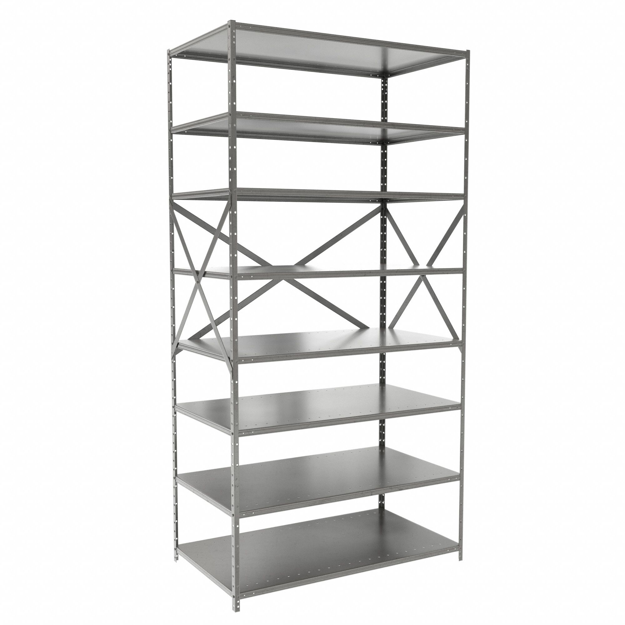 Metal Shelving: Standalone, Heavy-Duty, 48 in x 24 in, 84 in Overall Ht, 8 Shelves