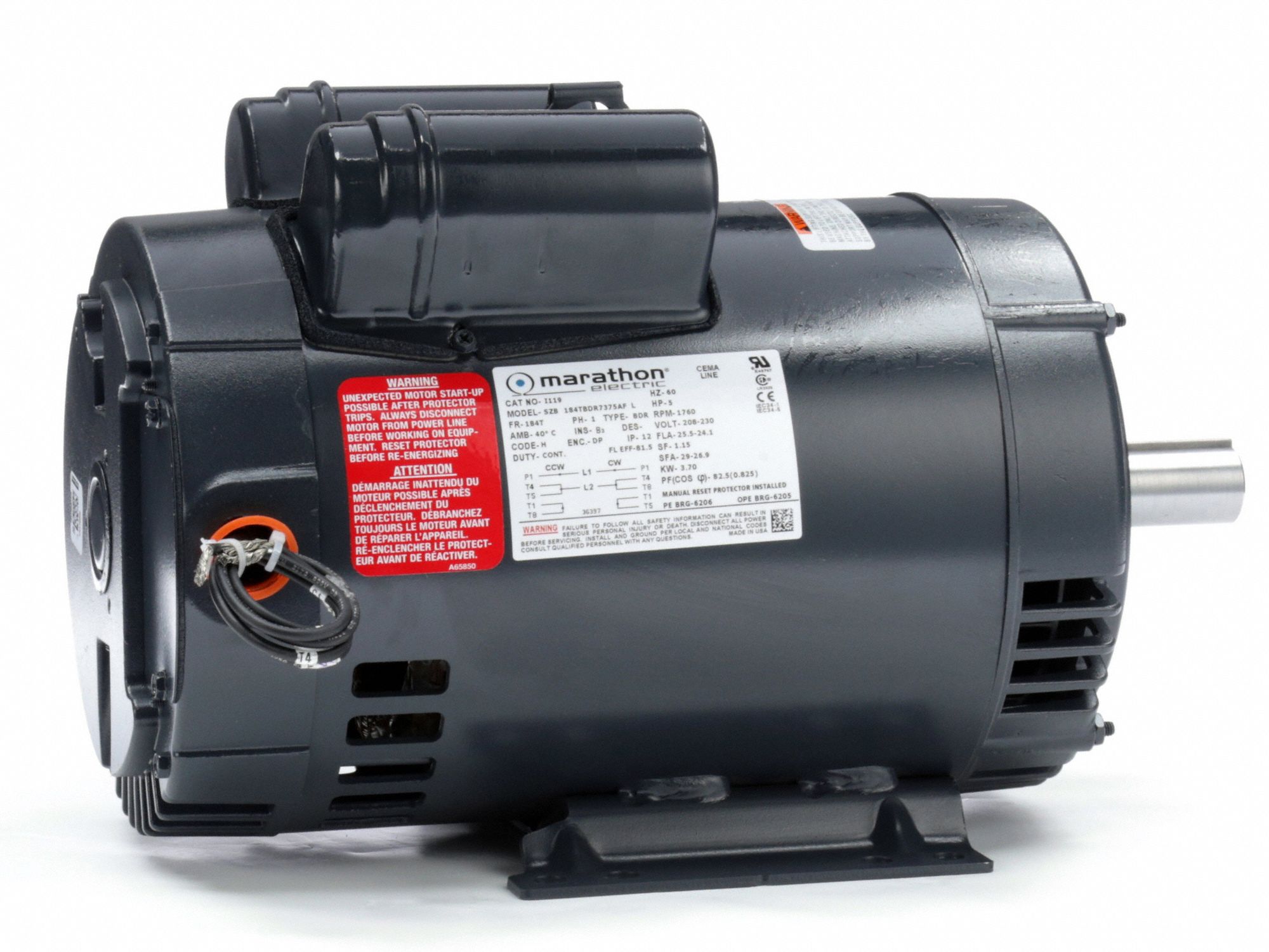 MARATHON MOTORS Commercial Duty Air Compressor Motor, 5 HP, Capacitor