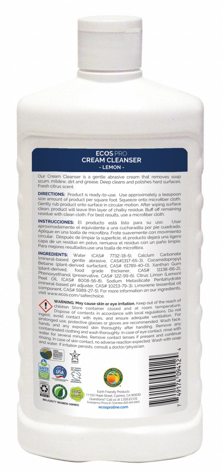 ECOS PRO Cream Cleanser, 17 oz, Bottle, Cream, Primary Chemical None