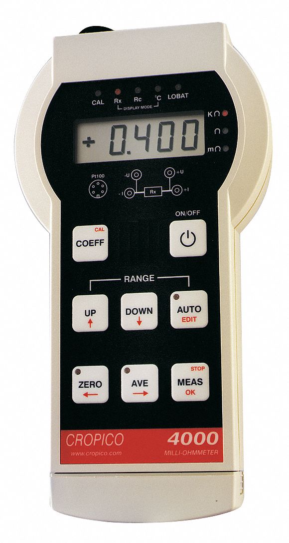 Micro-ohmmeter: Calibration Certificate, 40 miliohm to 4000 ohm, +/-0.05% Accuracy, LCD