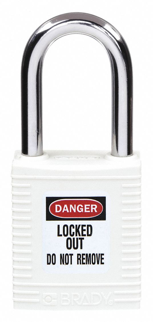 LOCKOUT PADLOCK, KEYED DIFFERENT, NYLON, STANDARD BODY, HARDENED STEEL, WHITE