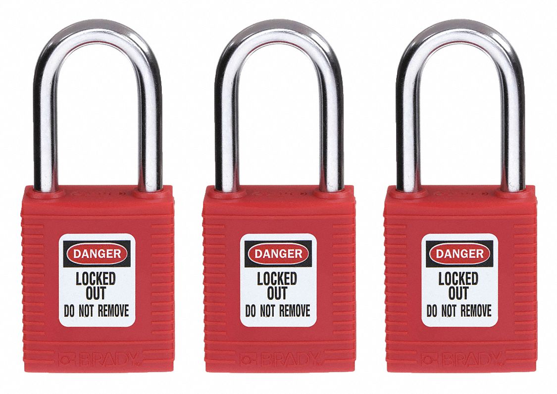 LOCKOUT PADLOCK, KEYED ALIKE, NYLON, STANDARD BODY, HARDENED STEEL, 1½ IN, RED, 3 PK