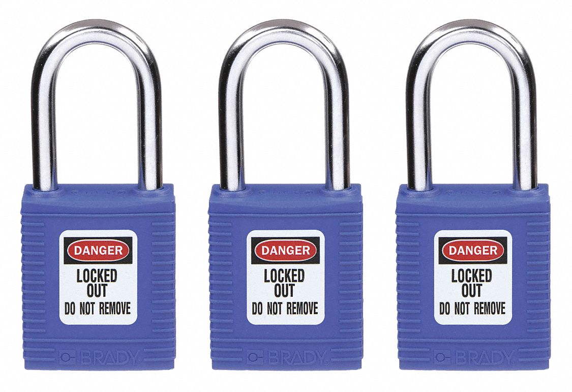 Lockout Padlock: Keyed Alike, Nylon, Std Body Body Size, Hardened Steel, Std, Blue, Plastic