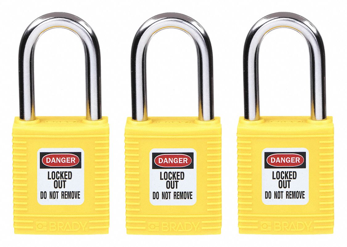 Lockout Padlock: Keyed Alike, Nylon, Std Body Body Size, Hardened Steel, Std, Yellow, Plastic