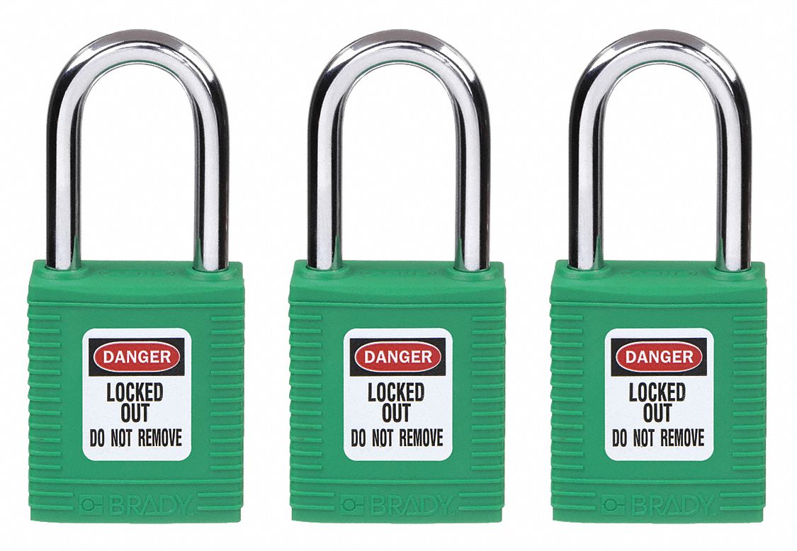 LOCKOUT PADLOCK, KEYED ALIKE, NYLON, STANDARD BODY, HARDENED STEEL, 1&frac12; IN, GREEN, 3 PK