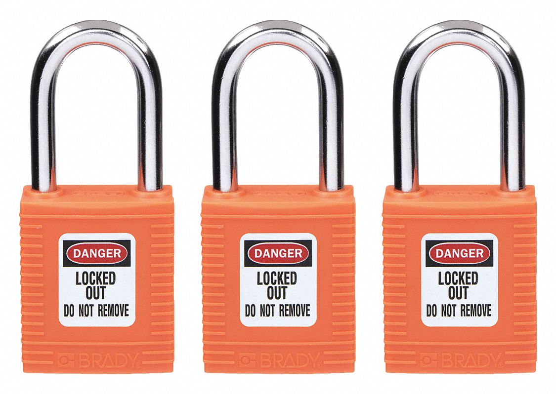 Lockout Padlock: Keyed Alike, Nylon, Std Body Body Size, Hardened Steel, Std, Orange, Plastic