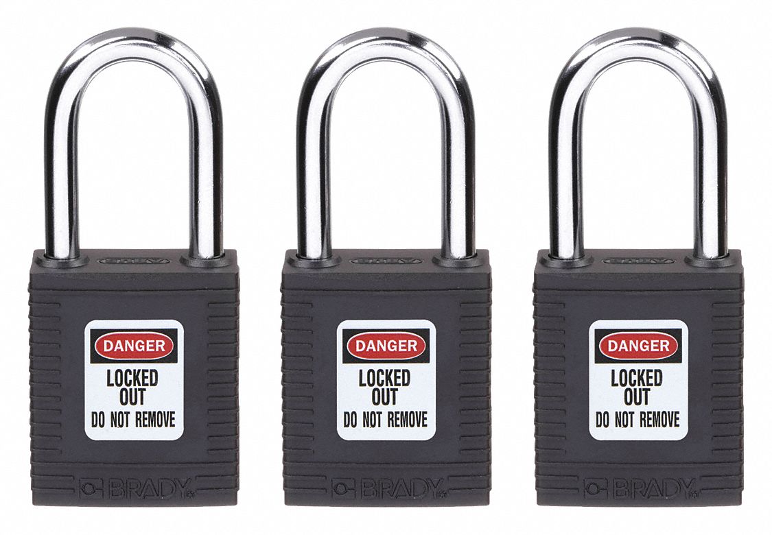 Lockout Padlock: Keyed Alike, Nylon, Std Body Body Size, Hardened Steel, Std, Black, Plastic