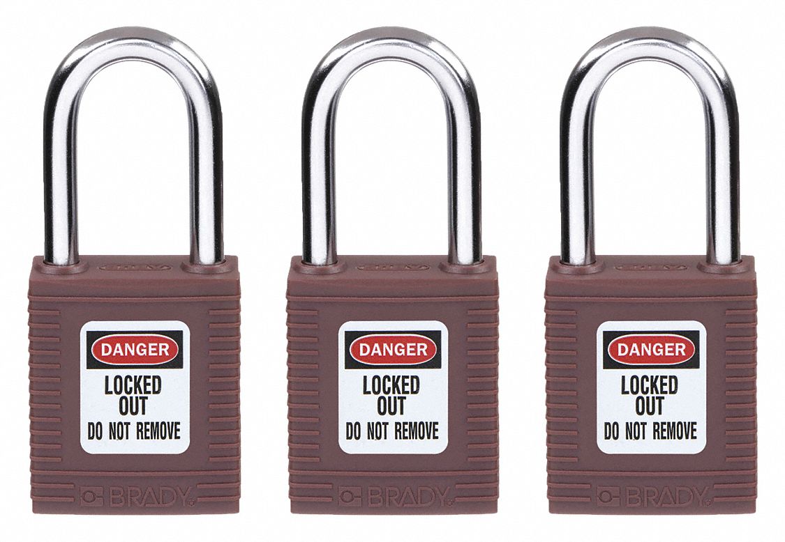 Lockout Padlock: Keyed Alike, Nylon, Std Body Body Size, Hardened Steel, Std, Brown, Plastic