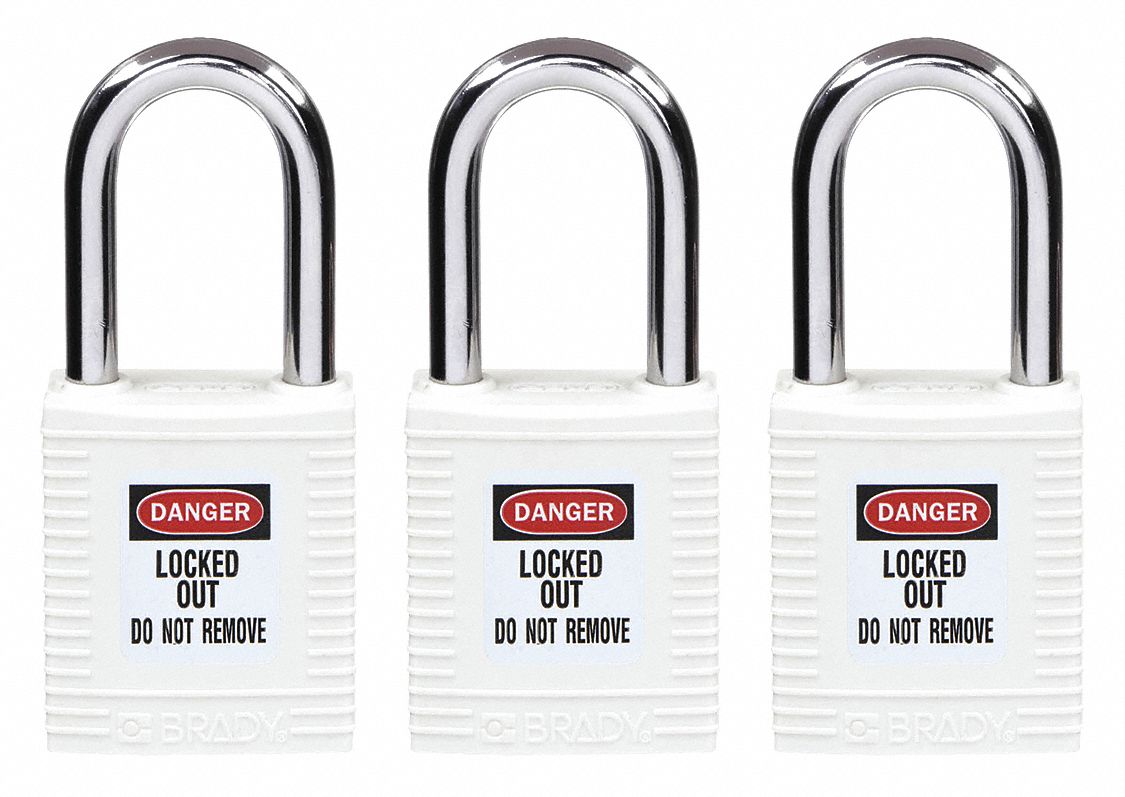 Lockout Padlock: Keyed Alike, Nylon, Std Body Body Size, Hardened Steel, Std, White, Plastic