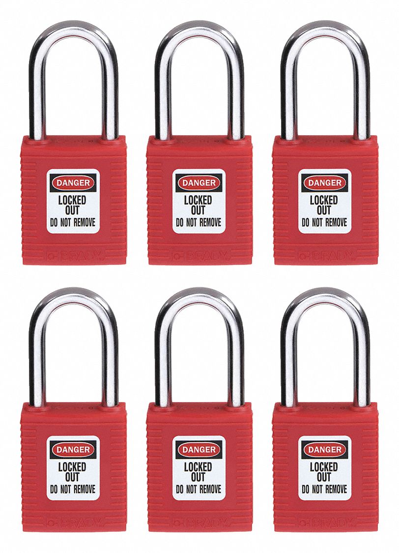 Lockout Padlock: Keyed Alike, Nylon, Std Body Body Size, Hardened Steel, Std, Red, 6 Pack Size
