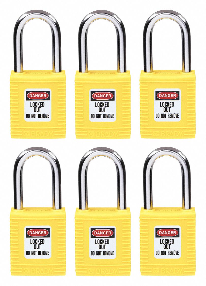 Lockout Padlock: Keyed Alike, Nylon, Std Body Body Size, Hardened Steel, Std, Yellow, Plastic