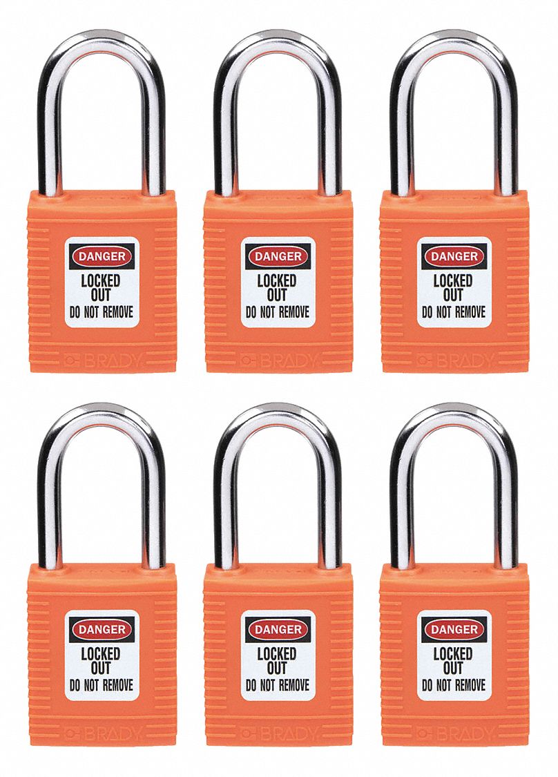 Lockout Padlock: Keyed Alike, Nylon, Std Body Body Size, Hardened Steel, Std, Orange, Plastic